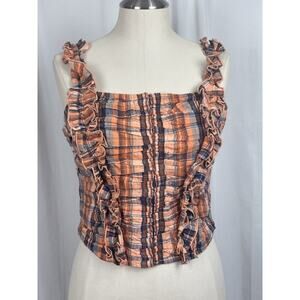 NWTAnthropologie Ruffled Orange Plaid Tank Top Verb by Pallavi Singhee Cropped M